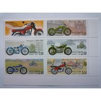 Россия, 1999, 523-27, история отечественного мотоцикла, мотоциклы, сцепка 5м.+купон. **MNH