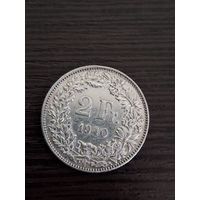 2 франка,  1940 год,  Швейцария, Серебро. 835 пр.