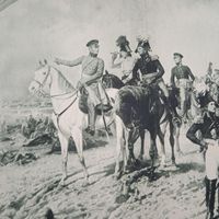 Три монарха во время битвы при Лейпциге. Гравюра энциклопедическая 19-20век. 32х24см. СПБ.  РАСПРОДАЖА КОЛЛЕКЦИИ.