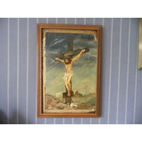 Старая картина с чердака Распятие Иисуса Христа на холме Голгофа.С рубля.