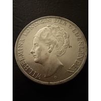 2 1/2 гульдена 1930 г.  Королева Вильгельмина.  Кюрасао. Нидерланды.   СЕРЕБРО.