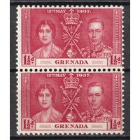 80.BrKS. Великобритания. Колонии.  Гренада. Коронация Георга VI и Елизаветы. 1937 г. 1 1/2P. Mi.#121. Пара. MNH.