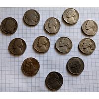 США монеты 5 центов сборный лот 12 монет 1901 1935 1939 1940 1941 1947 1958 1991 1994 2005