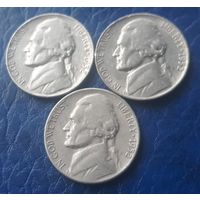 5 центов  1952 P D S США Джеферсон 3 монеты