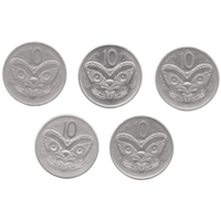 Королевство Новая Зеландия. 10 центов 1974, 1977, 1980, 1981, 1982. Маори коруру (резная маска). 2-й тип портрета. Цена за одну монету.
