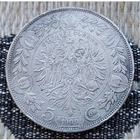 Австро-Венгрия 5 крон 1909 года. Франц Иосиф I. Орел. Серебро! Сторгуй за свою цену, предложи обмен!