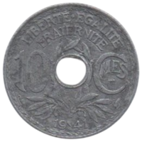 ФРАНЦУЗСКОЕ ГОСУДАРСТВО. 10 САНТИМОВ 1941. ВАРИАНТ С ПОДЧЕРКИВАНИЕМ И БЕЗ ТОЧЕК.