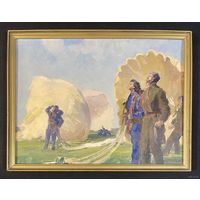 Бржозовский Г.Ф "Парашютисты", 1939 год. Картон, масло. Размер с родной рамой 42х32 см.