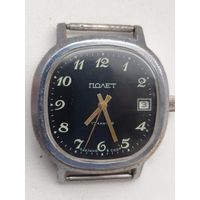 Часы Полет. Баланс цел, встряхнешь, некоторое время идут и останавливаются. Календарь перебрасывается. Требуется обслуживание,т.к долго лежали без хода.