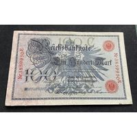 100 марок 1908 год / Германская империя банкнота тип 1883 года Blauer Hunderter / номер семь знаков, красная печать (3)