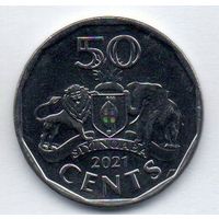 КОРОЛЕВСТВО ЭСВАТИНИ. 50 ЦЕНТОВ 2021. ФАУНА. СЛОН. ЛЕВ.  Новое название государства- ESWATINI