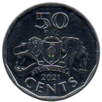 КОРОЛЕВСТВО ЭСВАТИНИ. 50 ЦЕНТОВ 2021. ФАУНА. СЛОН. ЛЕВ.  Новое название государства- ESWATINI