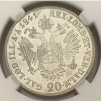 Австрия. 20 крейцеров 1841 год. MS60. Серебро, знак монетного двора "A" - Вена. Фердинанд I  Император Австрии