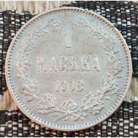 Финляндия-Российская Империя 1 марка 1908 год, L. Николай II. Серебро. Сторгуй за свою цену, предложи обмен! Y100