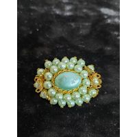 Винтажная наборная брошь Чехословакия "голубой жемчуг", нюансы на фото