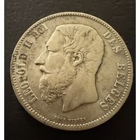 5 франков 1875 г.  Леопольд 2.  Бельгия.   СЕРЕБРО.
