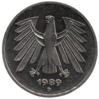 Федеративная Республика Германия ( ФРГ , Западная Германия ). 5 дойчмарок 1989 D.