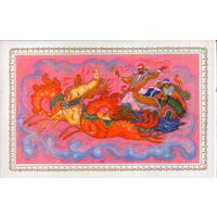 Подписанная двойная открытка 1980г. "С Новым годом! К. Семайкин "На тройке" Палех