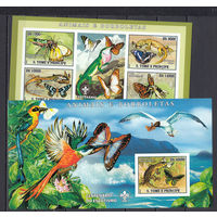 Фауна. Бабочки и птицы. Сан-Томе и Принсипе. 2007. 1 малый лист и 1 блок б/з. Michel N 3004-3043, бл589-598 (23.0 е)