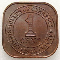 Малайя/ Малайзия, 1 цент 1943 г., состояние AU, KM#6, квадратная монета, необычная форма