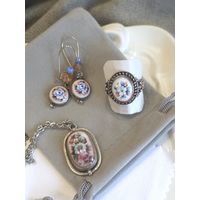 Серьги, кулон, кольцо скань, финифть, винтаж, СССР, мельхиор