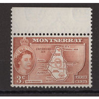 Монтсеррат / Montserrat 1953 ** 3c, Карта, марка из серии с верхним полем