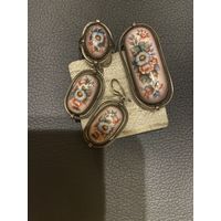 Финифть винтаж СССР комплект брошь, кольцо, серьги